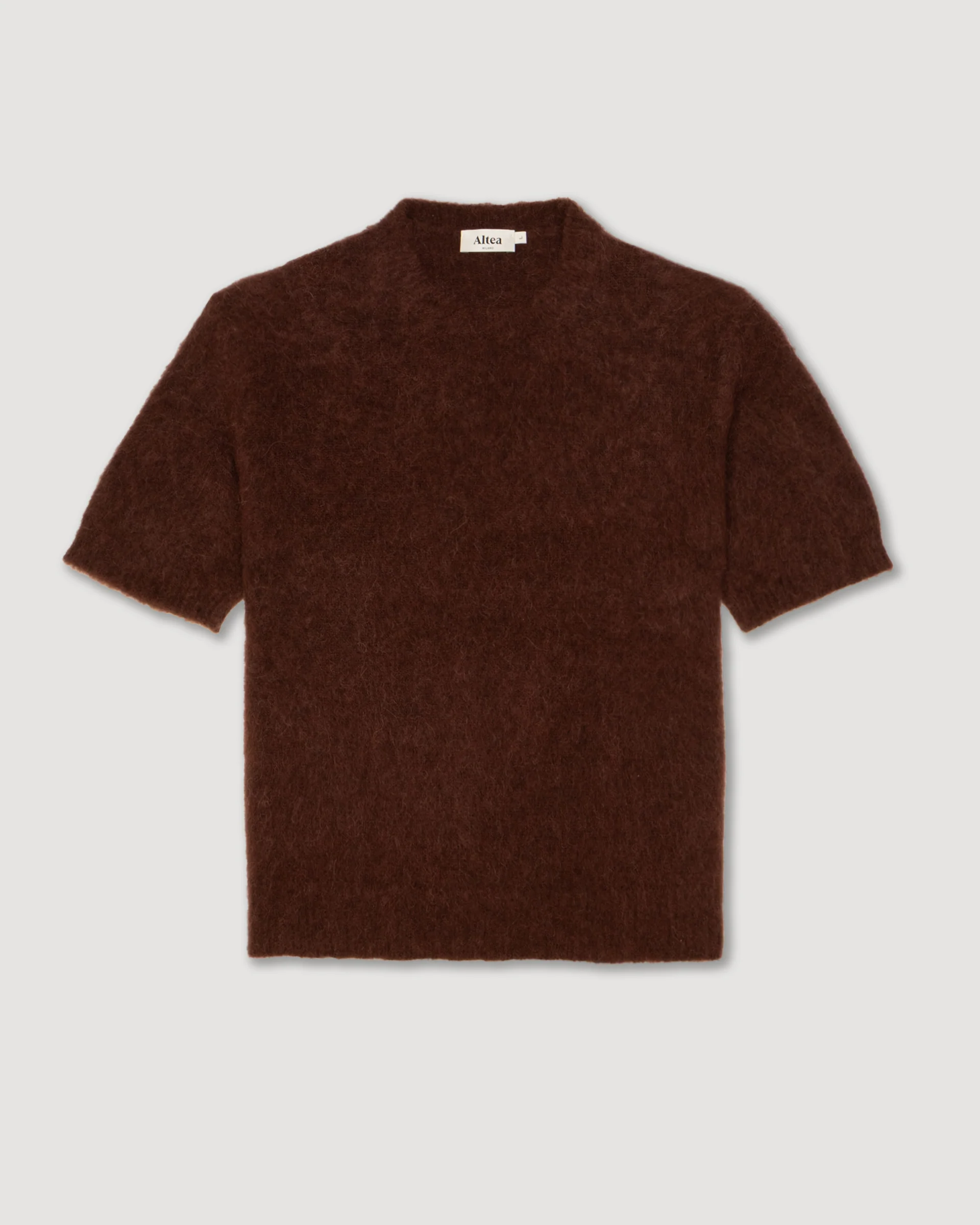 Maglia girocollo garzata manica corta in misto alpaca - Marrone - Image 5